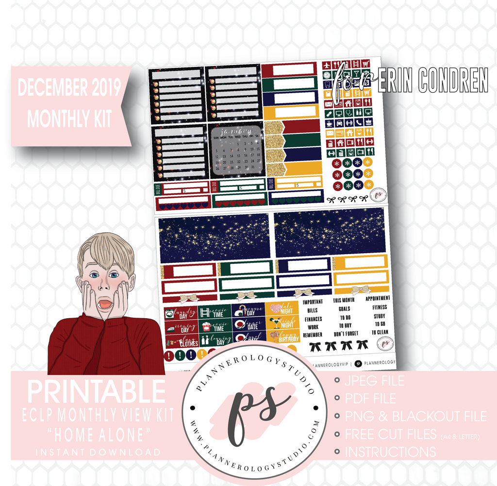 Home Alone Christmas December 2019 Monthly View Kit Digital Printable Planner Stickers (for use with Erin Condren) - Plannerologystudio
