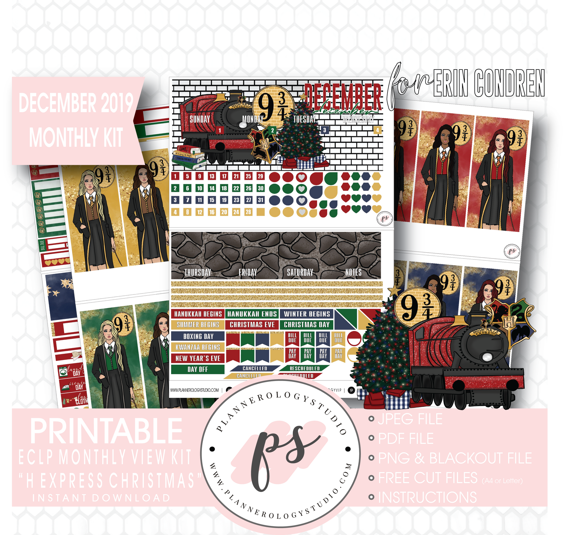 H Express Christmas (Harry Potter) Christmas December 2019 Monthly View Kit Digital Printable Planner Stickers (for use with Erin Condren) - Plannerologystudio