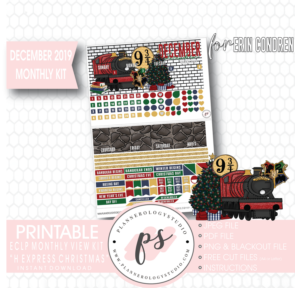 H Express Christmas (Harry Potter) Christmas December 2019 Monthly View Kit Digital Printable Planner Stickers (for use with Erin Condren) - Plannerologystudio