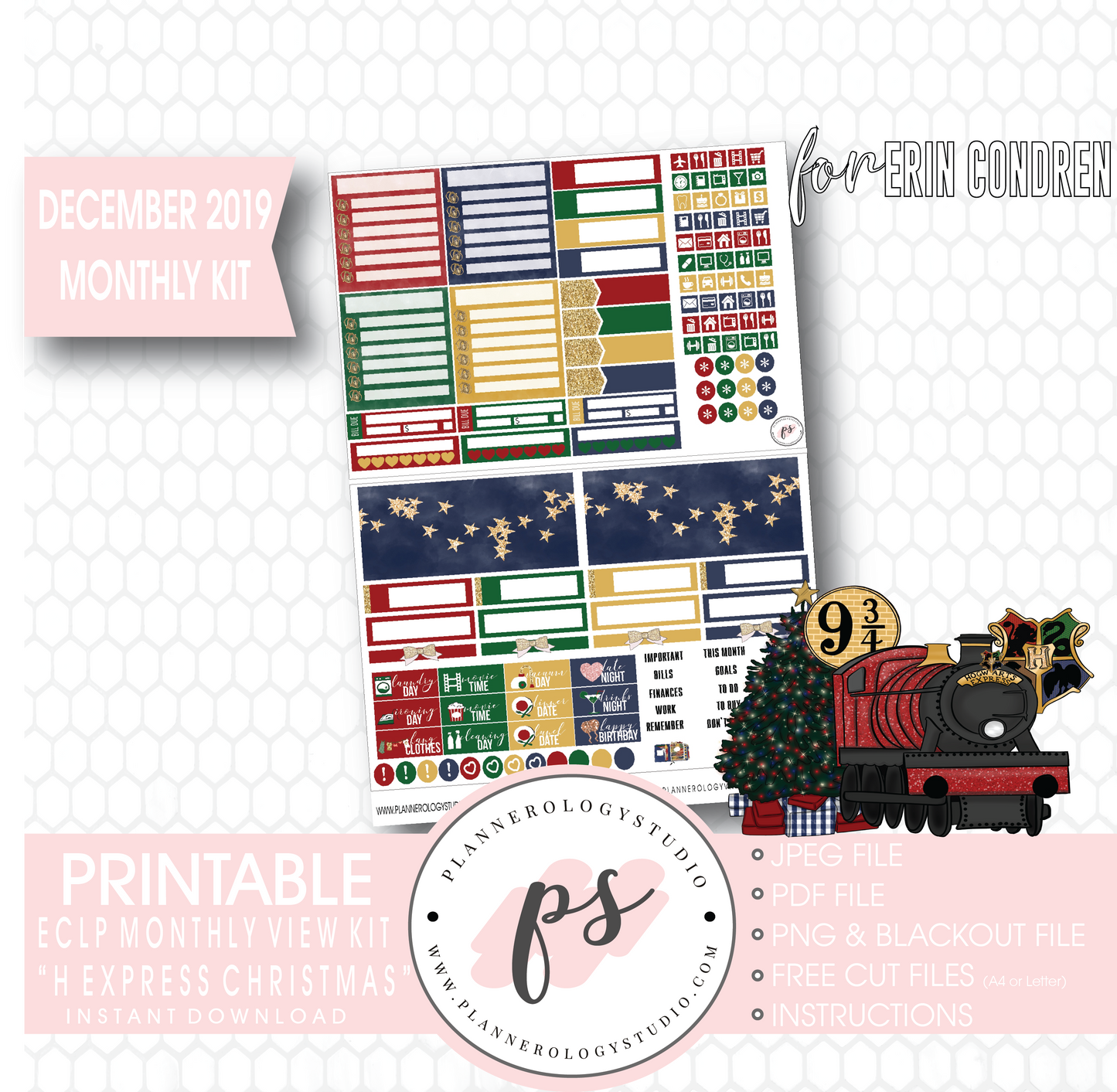 H Express Christmas (Harry Potter) Christmas December 2019 Monthly View Kit Digital Printable Planner Stickers (for use with Erin Condren) - Plannerologystudio