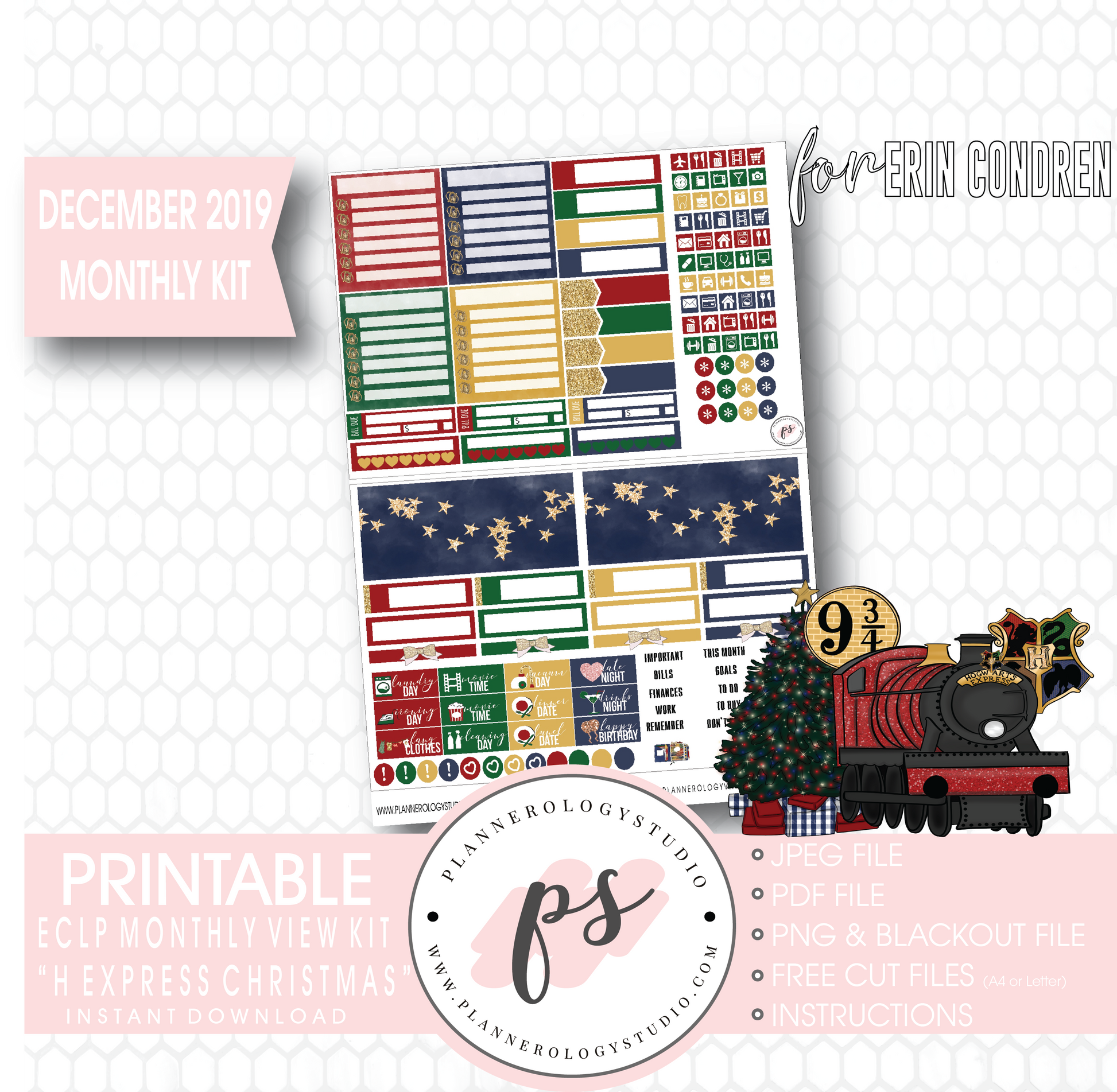 H Express Christmas (Harry Potter) Christmas December 2019 Monthly View Kit Digital Printable Planner Stickers (for use with Erin Condren) - Plannerologystudio