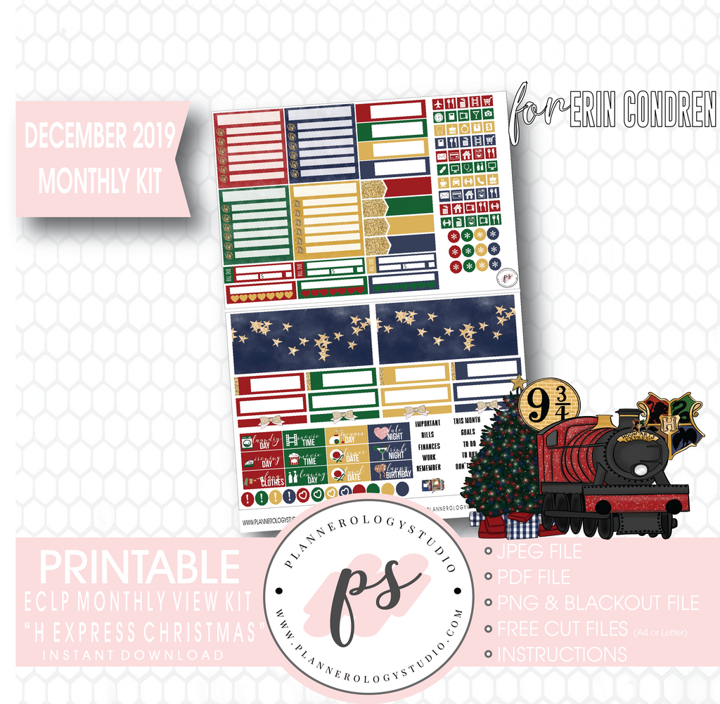 H Express Christmas (Harry Potter) Christmas December 2019 Monthly View Kit Digital Printable Planner Stickers (for use with Erin Condren) - Plannerologystudio