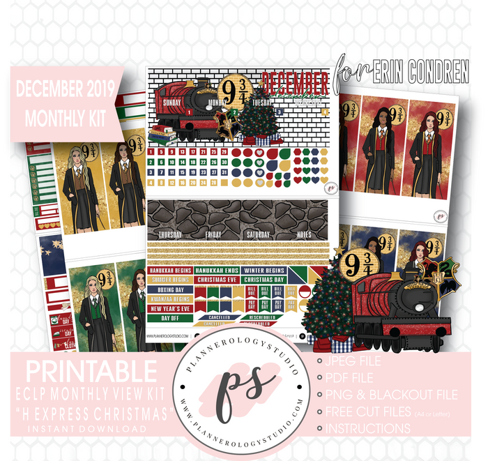 H Express Christmas (Harry Potter) Christmas December 2019 Monthly View Kit Digital Printable Planner Stickers (for use with Erin Condren) - Plannerologystudio