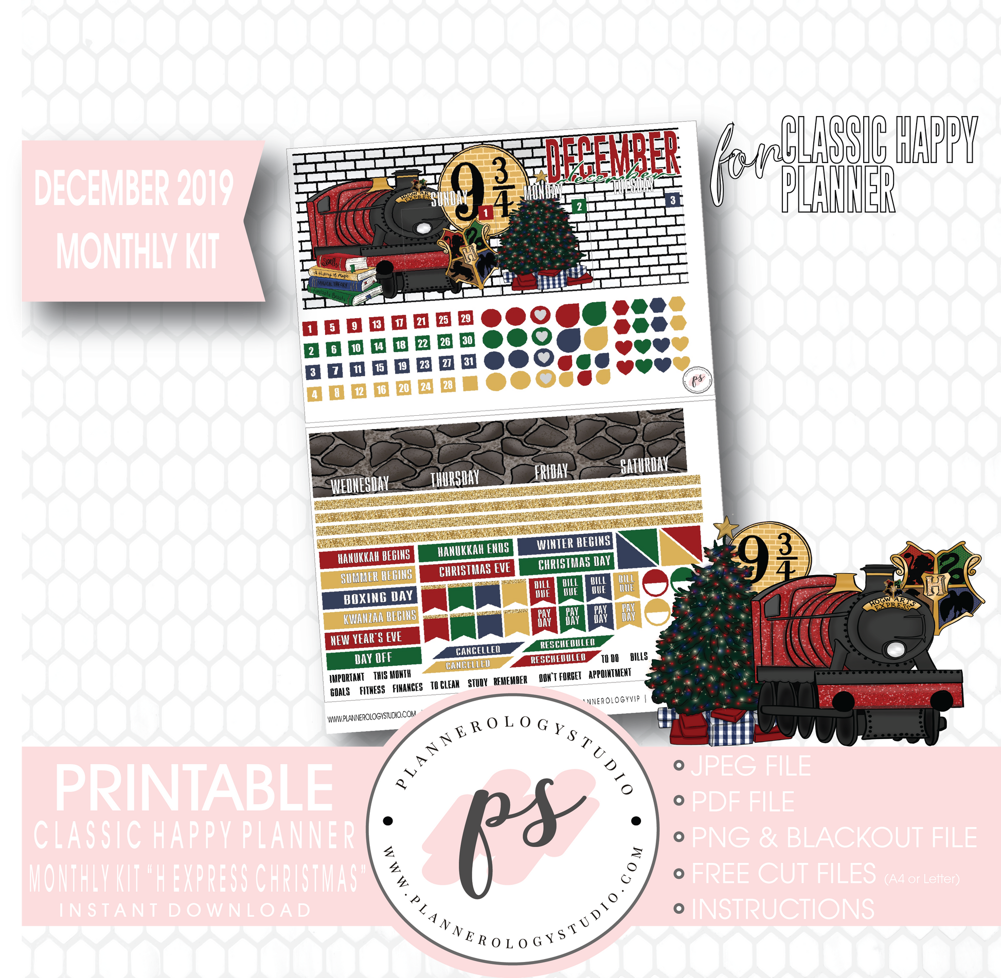 H Express Christmas (Harry Potter) Christmas December 2019 Monthly View Kit Digital Printable Planner Stickers (for use with Classic Happy Planner) - Plannerologystudio