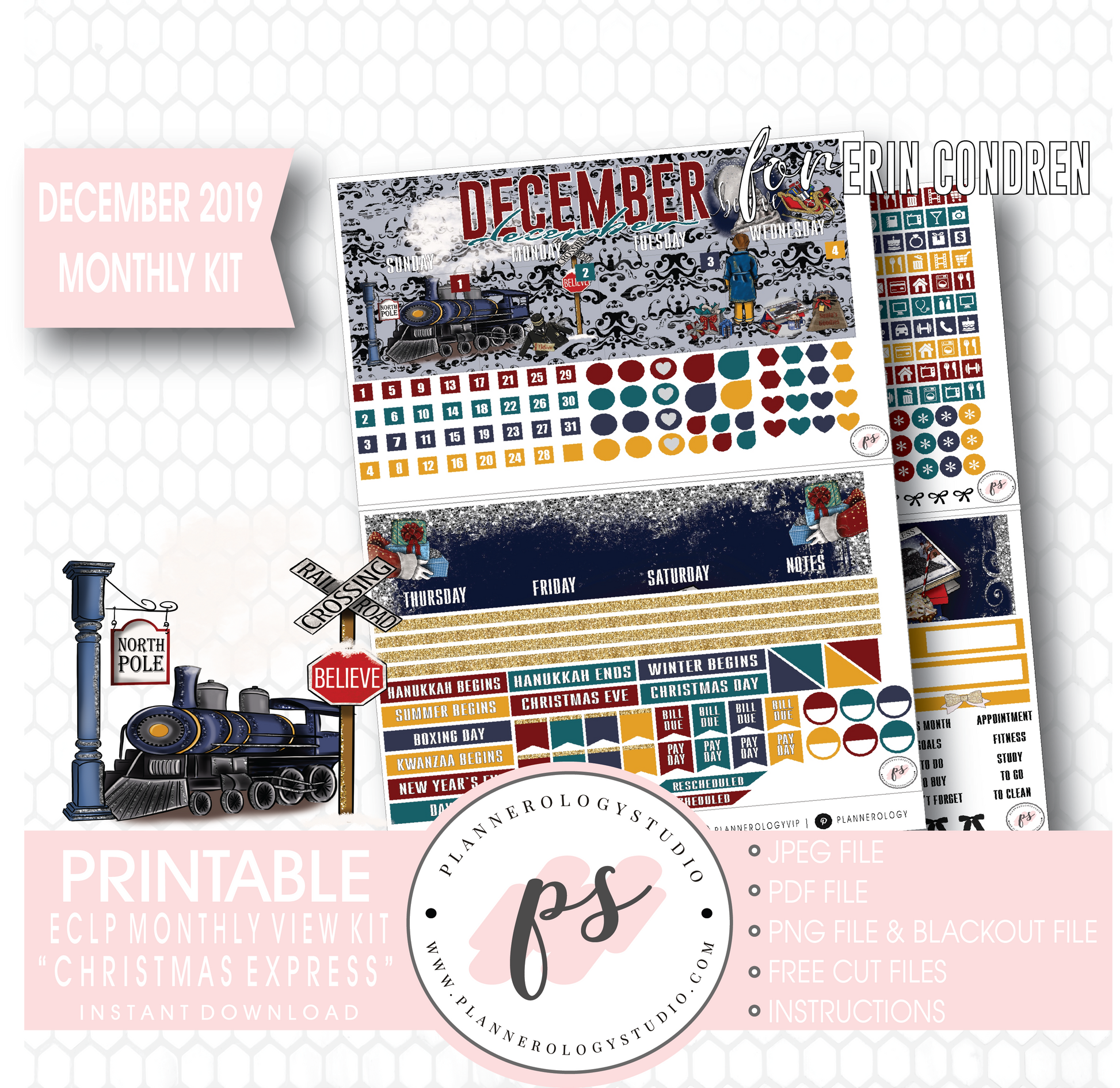 Christmas Express (The Polar Express) December 2019 Monthly View Kit Digital Printable Planner Stickers (for use with Erin Condren) - Plannerologystudio