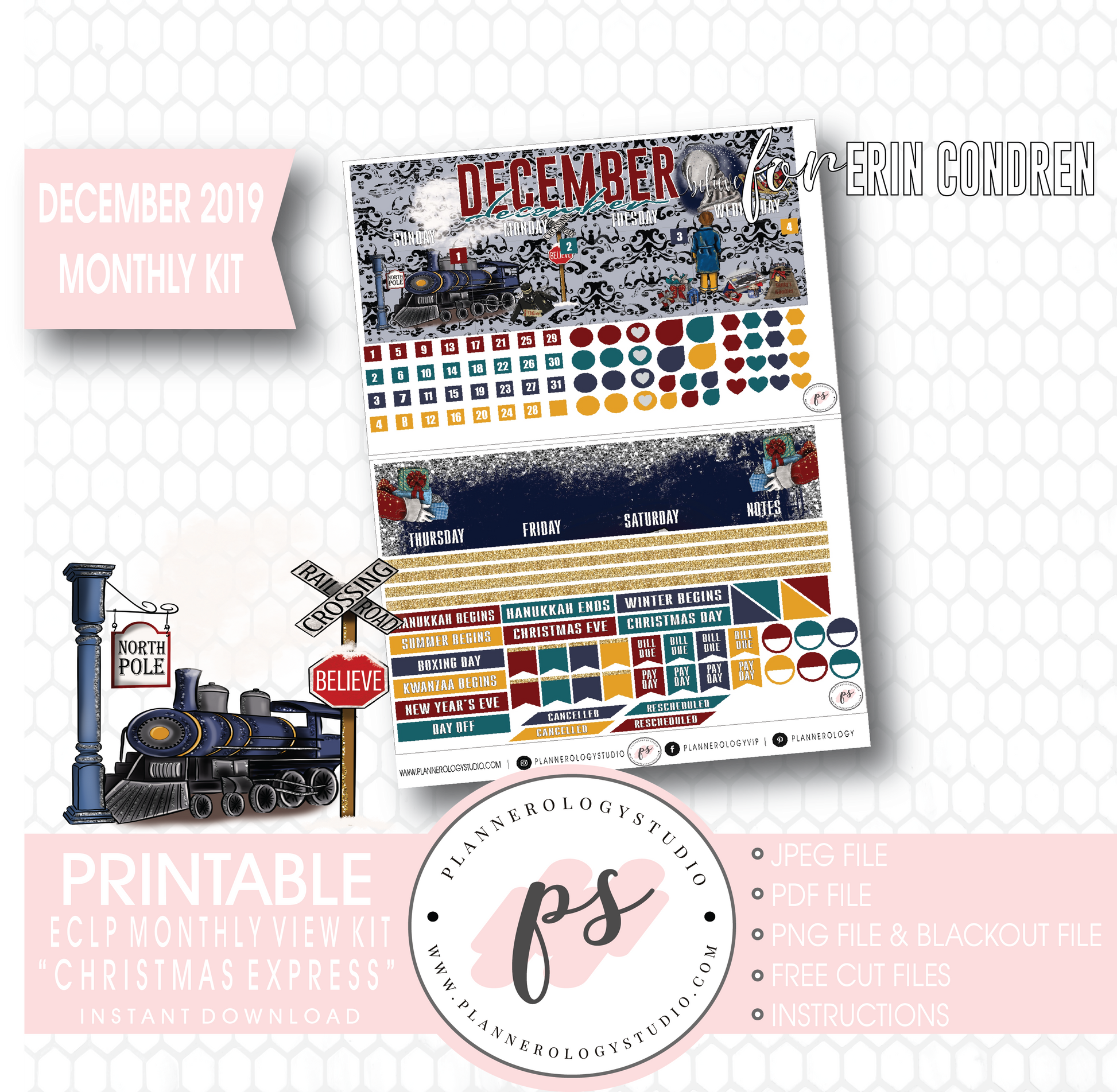 Christmas Express (The Polar Express) December 2019 Monthly View Kit Digital Printable Planner Stickers (for use with Erin Condren) - Plannerologystudio