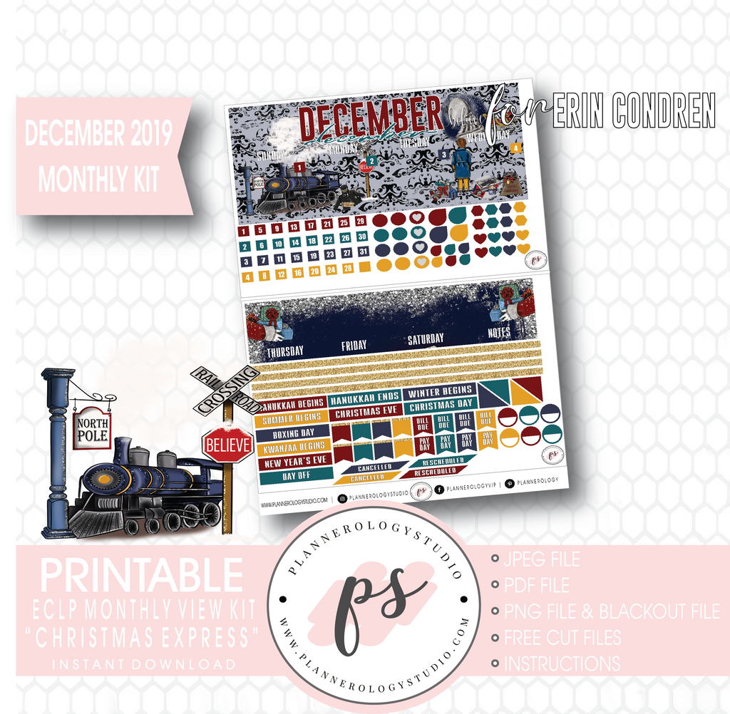Christmas Express (The Polar Express) December 2019 Monthly View Kit Digital Printable Planner Stickers (for use with Erin Condren) - Plannerologystudio