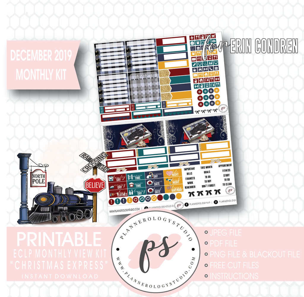 Christmas Express (The Polar Express) December 2019 Monthly View Kit Digital Printable Planner Stickers (for use with Erin Condren) - Plannerologystudio
