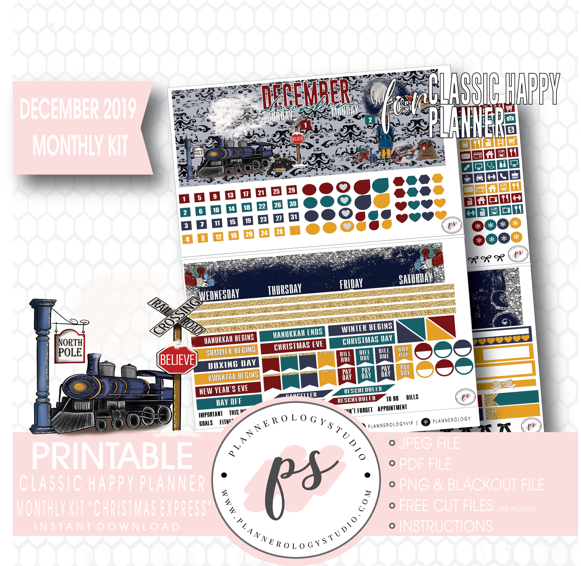 Christmas Express (The Polar Express) December 2019 Monthly View Kit Digital Printable Planner Stickers (for use with Classic Happy Planner) - Plannerologystudio