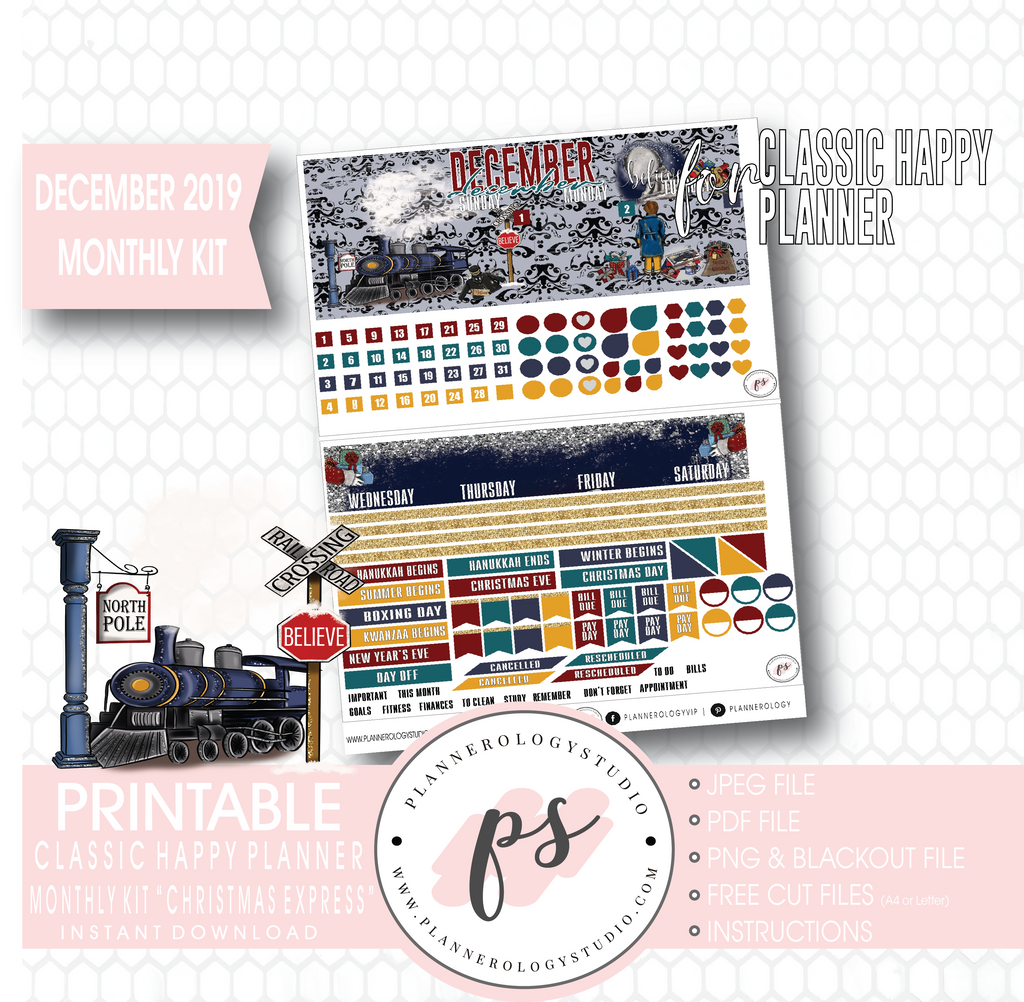 Christmas Express (The Polar Express) December 2019 Monthly View Kit Digital Printable Planner Stickers (for use with Classic Happy Planner) - Plannerologystudio