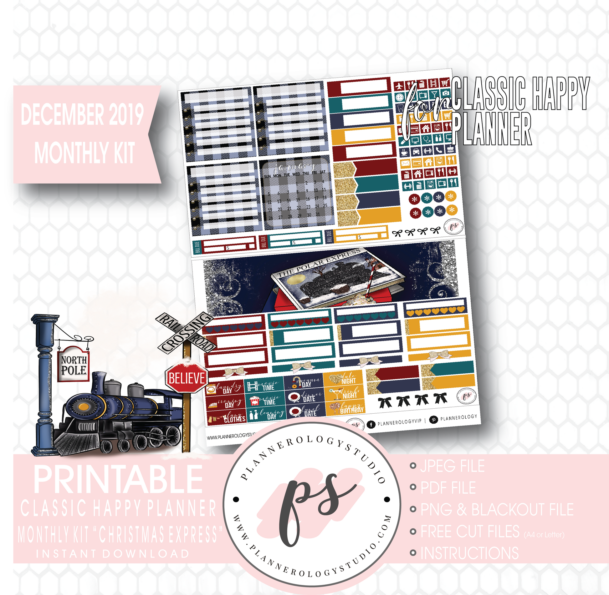 Christmas Express (The Polar Express) December 2019 Monthly View Kit Digital Printable Planner Stickers (for use with Classic Happy Planner) - Plannerologystudio