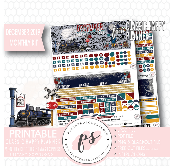 Christmas Express (The Polar Express) December 2019 Monthly View Kit Digital Printable Planner Stickers (for use with Classic Happy Planner) - Plannerologystudio