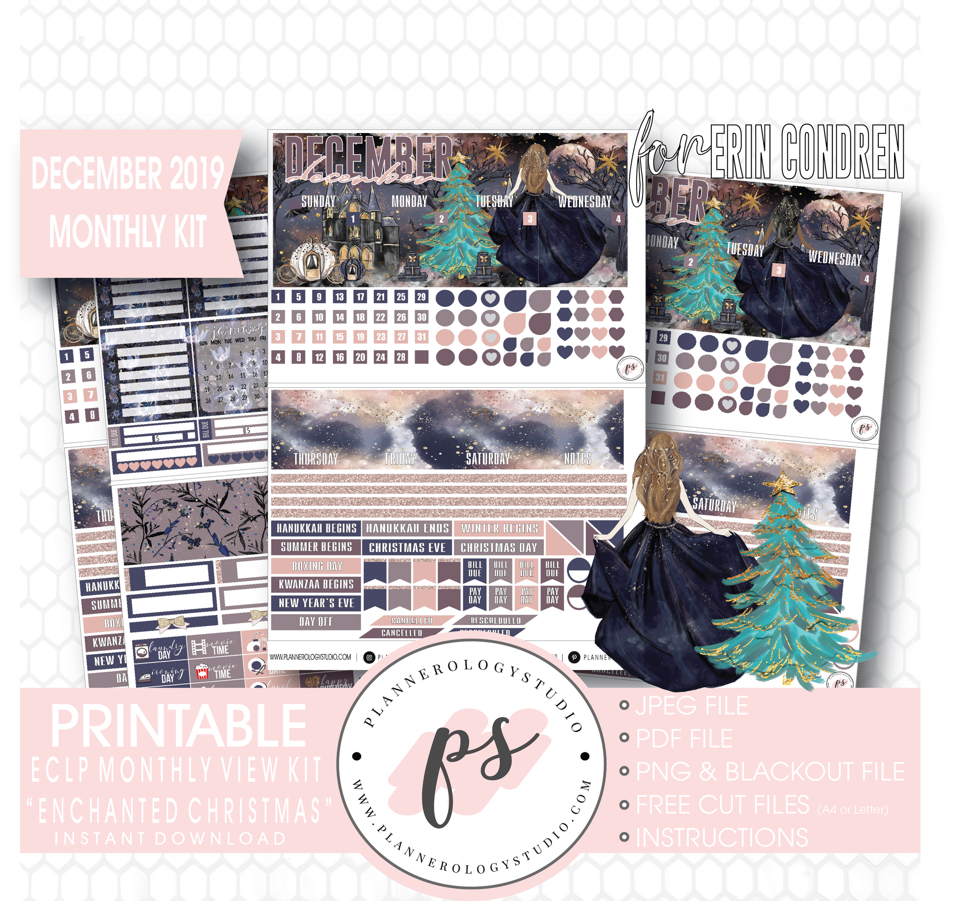 Enchanted Christmas December 2019 Monthly View Kit Digital Printable Planner Stickers (for use with Erin Condren) - Plannerologystudio