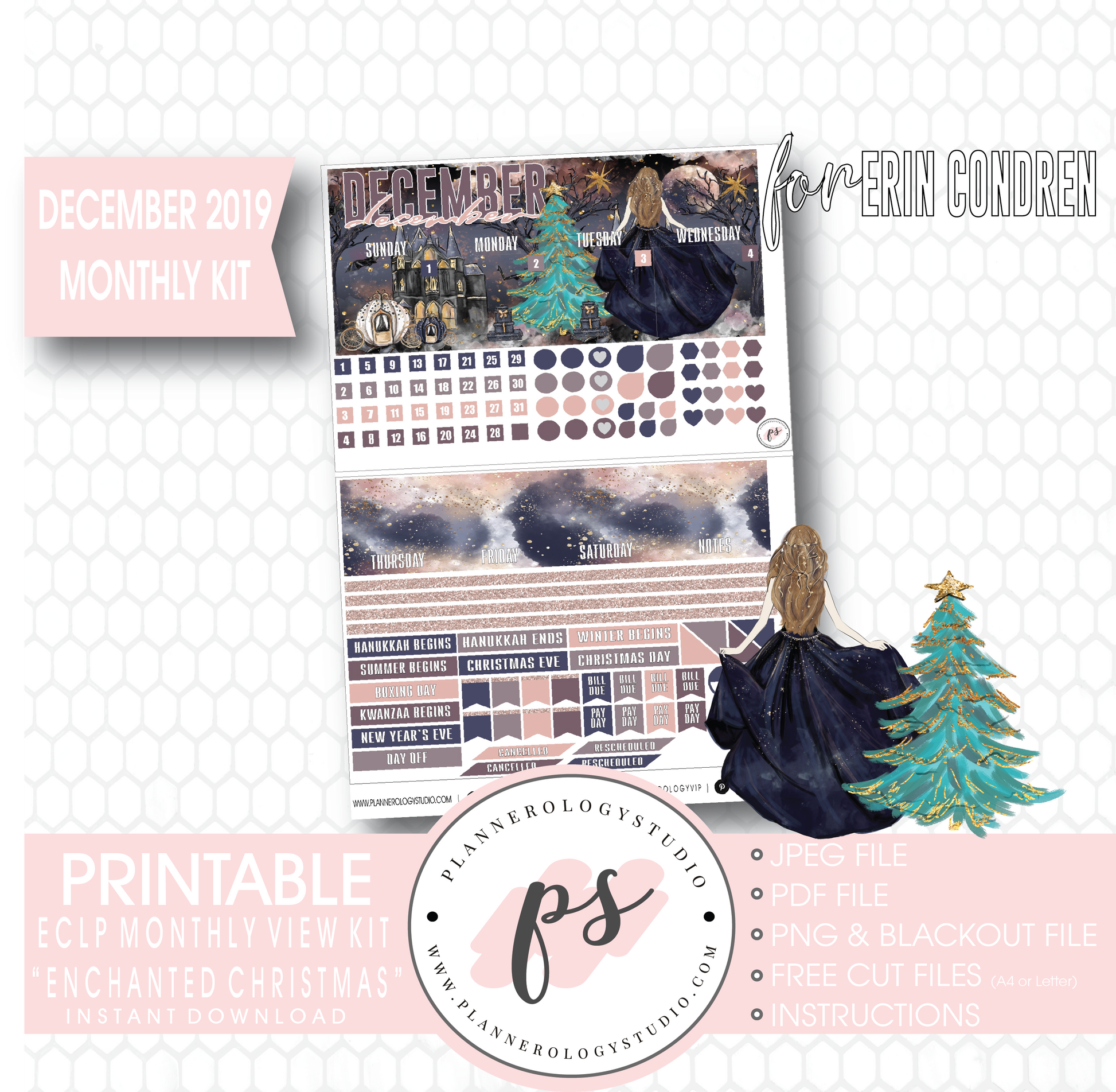 Enchanted Christmas December 2019 Monthly View Kit Digital Printable Planner Stickers (for use with Erin Condren) - Plannerologystudio