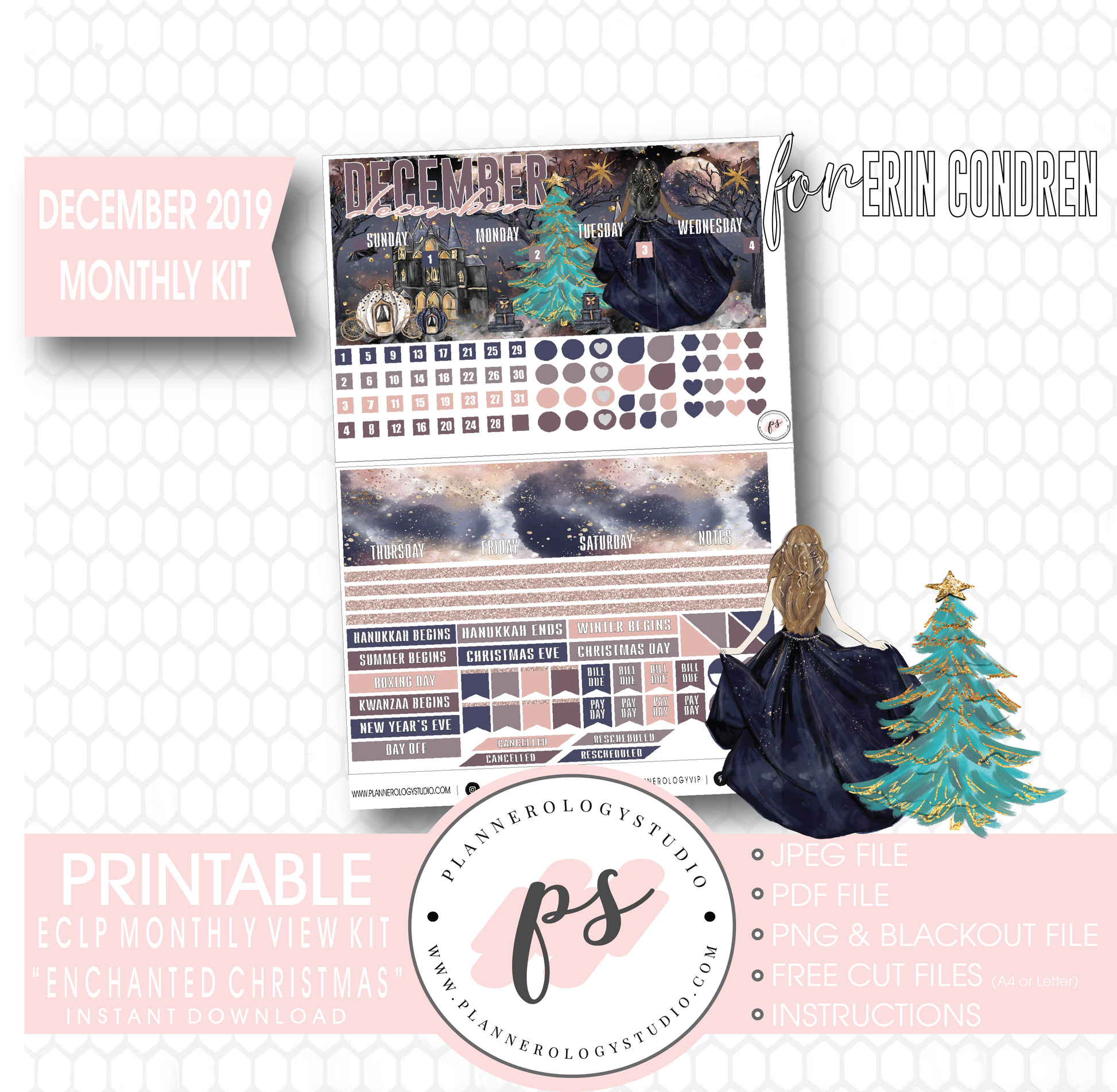 Enchanted Christmas December 2019 Monthly View Kit Digital Printable Planner Stickers (for use with Erin Condren) - Plannerologystudio