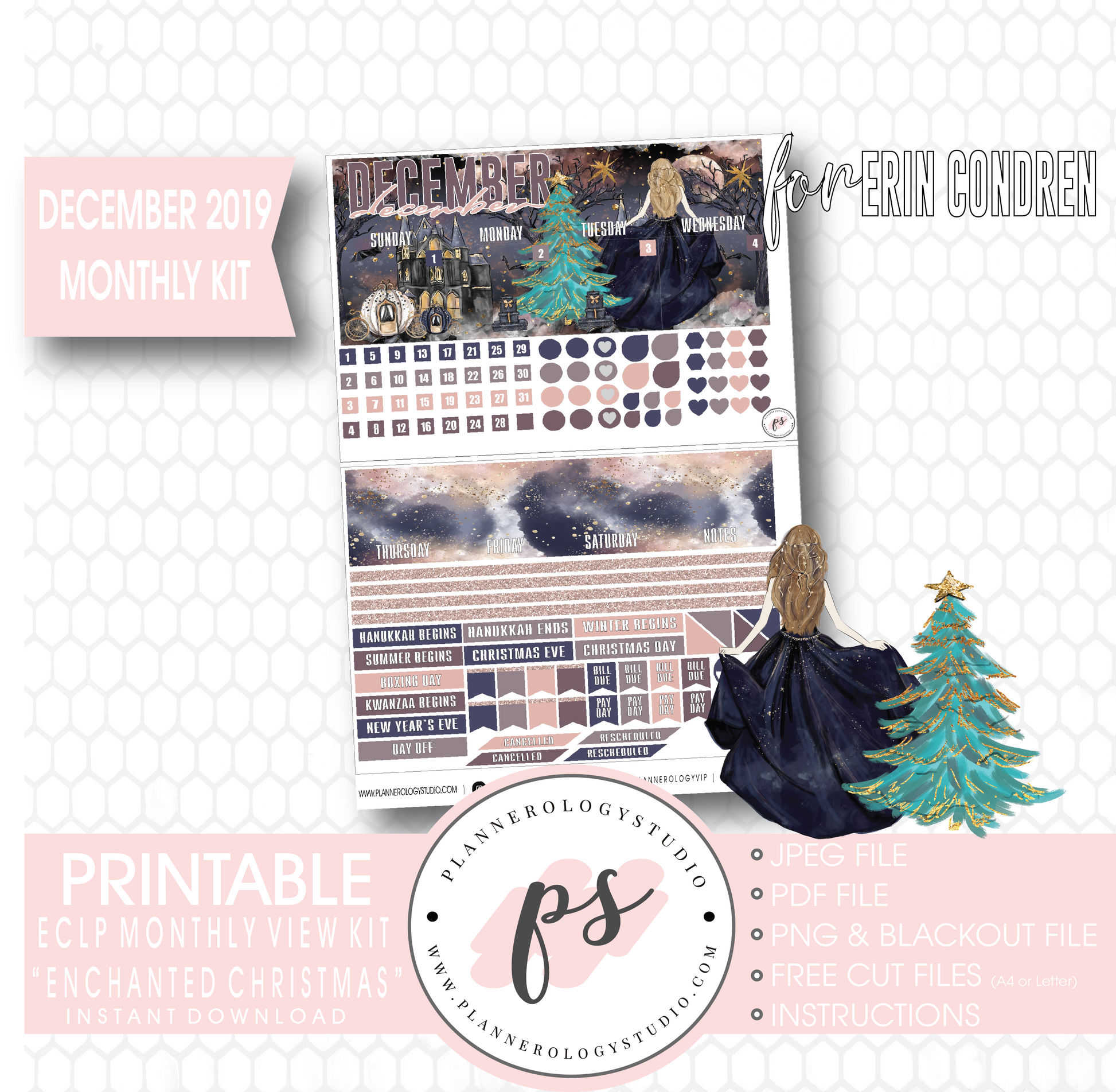 Enchanted Christmas December 2019 Monthly View Kit Digital Printable Planner Stickers (for use with Erin Condren) - Plannerologystudio