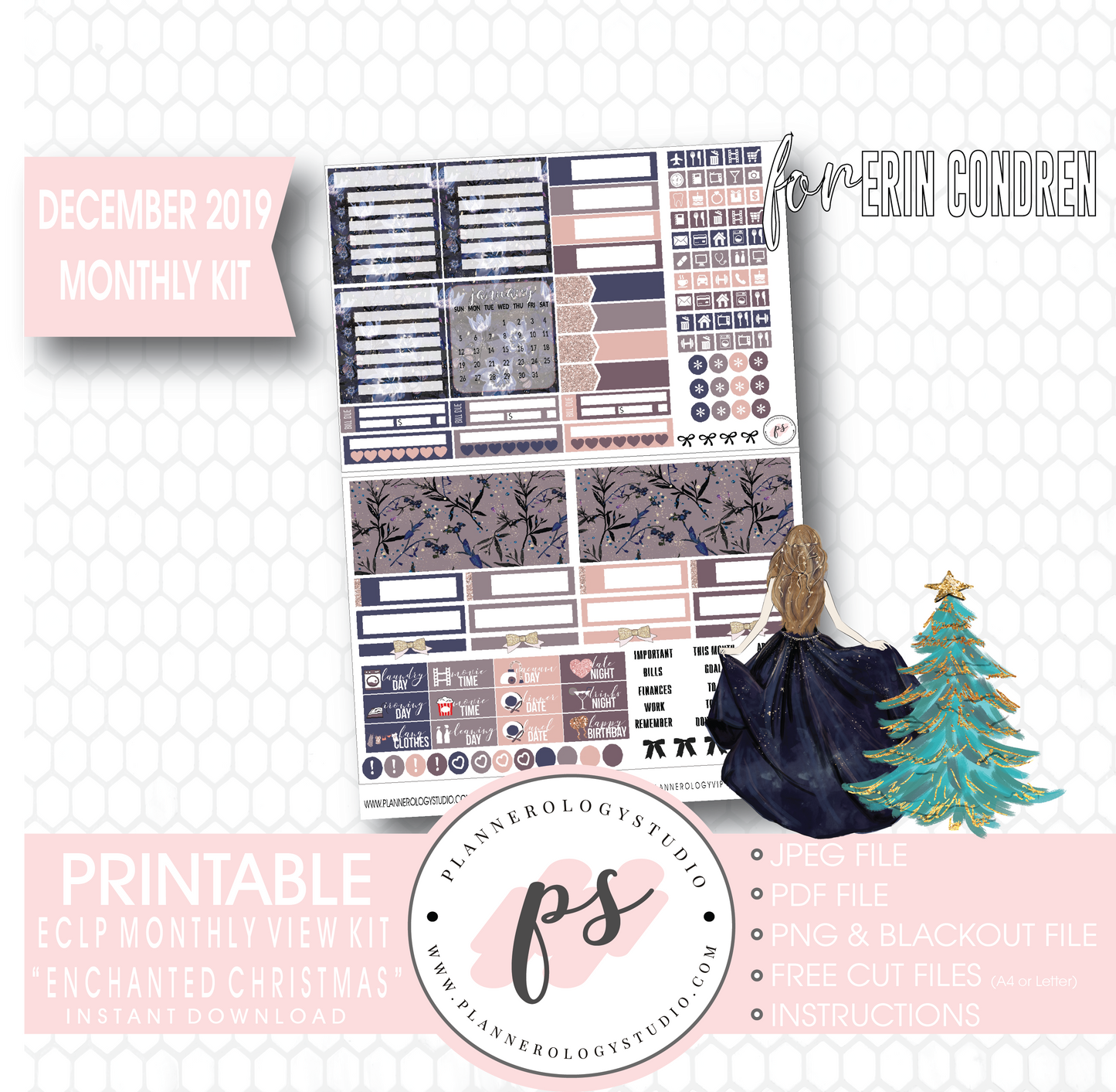 Enchanted Christmas December 2019 Monthly View Kit Digital Printable Planner Stickers (for use with Erin Condren) - Plannerologystudio