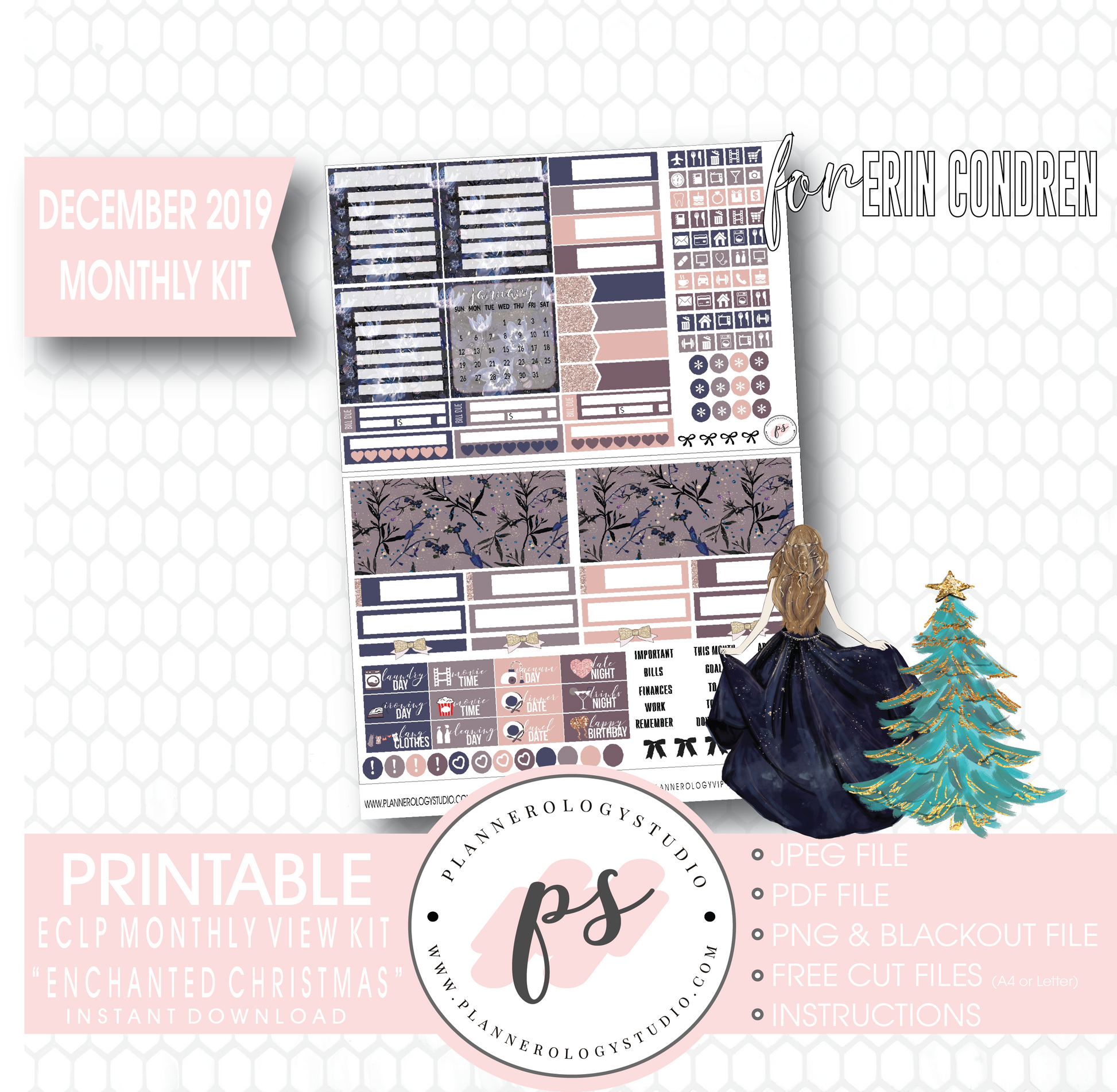 Enchanted Christmas December 2019 Monthly View Kit Digital Printable Planner Stickers (for use with Erin Condren) - Plannerologystudio