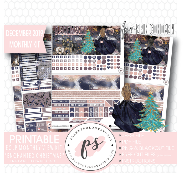 Enchanted Christmas December 2019 Monthly View Kit Digital Printable Planner Stickers (for use with Erin Condren) - Plannerologystudio