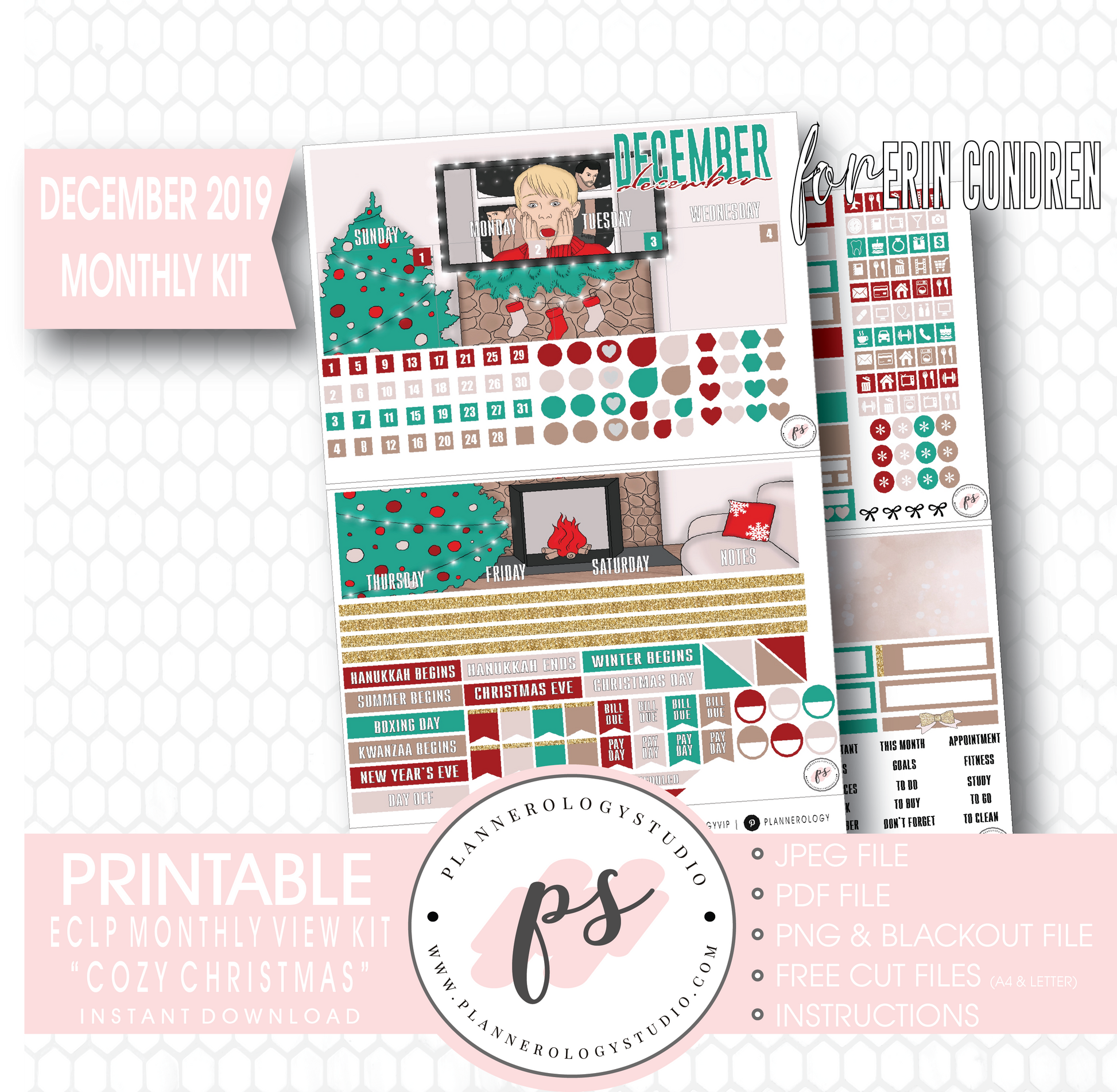 Cozy Christmas December 2019 Monthly View Kit Digital Printable Planner Stickers (for use with Erin Condren) - Plannerologystudio