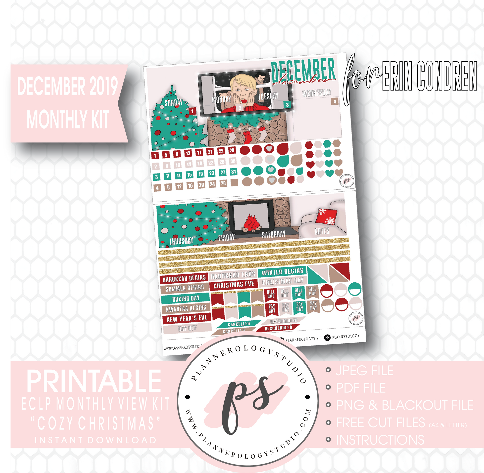 Cozy Christmas December 2019 Monthly View Kit Digital Printable Planner Stickers (for use with Erin Condren) - Plannerologystudio