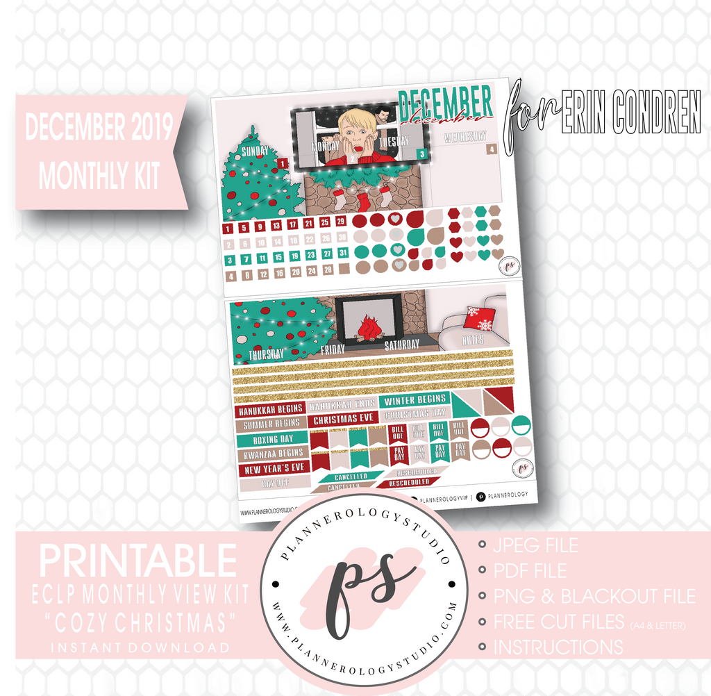 Cozy Christmas December 2019 Monthly View Kit Digital Printable Planner Stickers (for use with Erin Condren) - Plannerologystudio