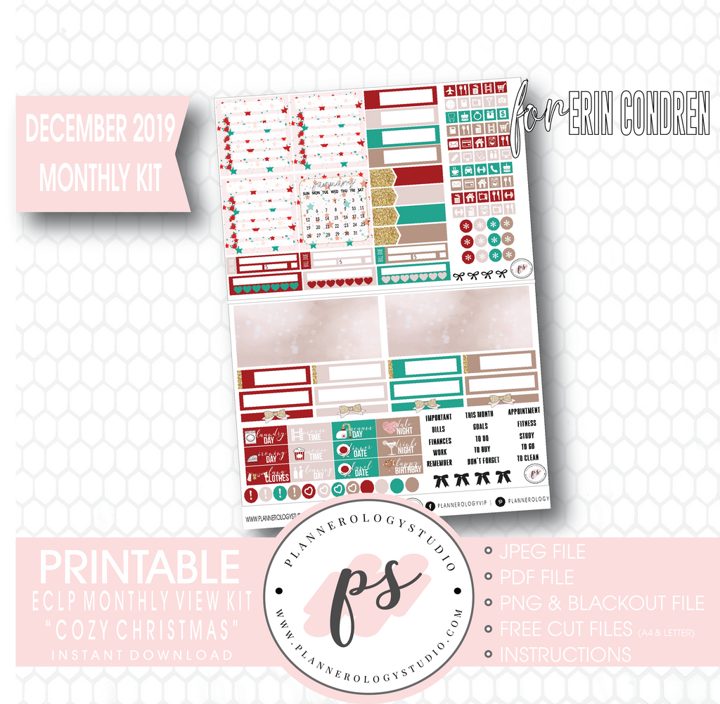 Cozy Christmas December 2019 Monthly View Kit Digital Printable Planner Stickers (for use with Erin Condren) - Plannerologystudio