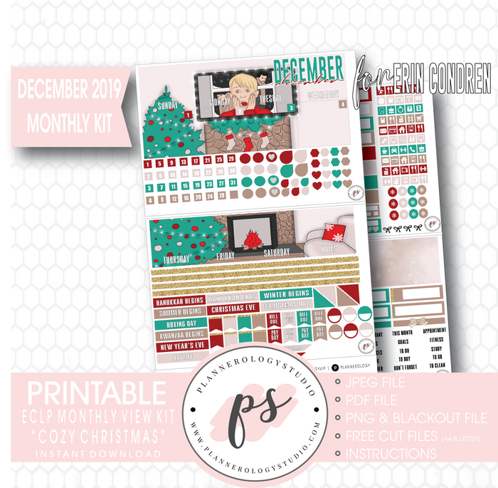 Cozy Christmas December 2019 Monthly View Kit Digital Printable Planner Stickers (for use with Erin Condren) - Plannerologystudio