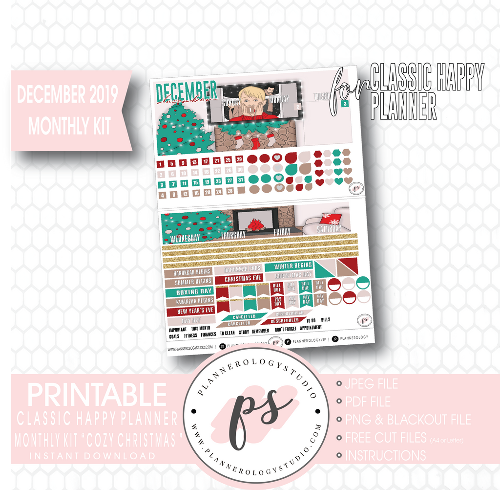 Cozy Christmas December 2019 Monthly View Kit Digital Printable Planner Stickers (for use with Classic Happy Planner) - Plannerologystudio