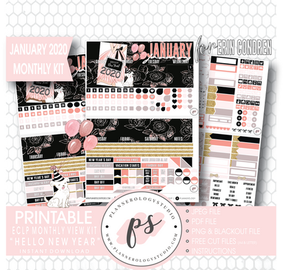 Hello New Year January 2020 Monthly View Kit Digital Printable Planner Stickers (for use with Erin Condren) - Plannerologystudio