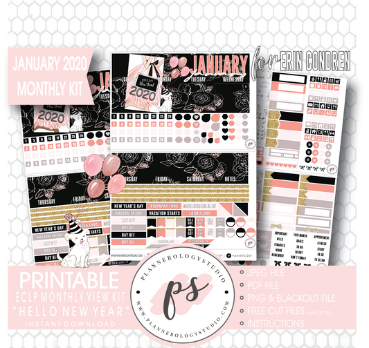 Hello New Year January 2020 Monthly View Kit Digital Printable Planner Stickers (for use with Erin Condren) - Plannerologystudio