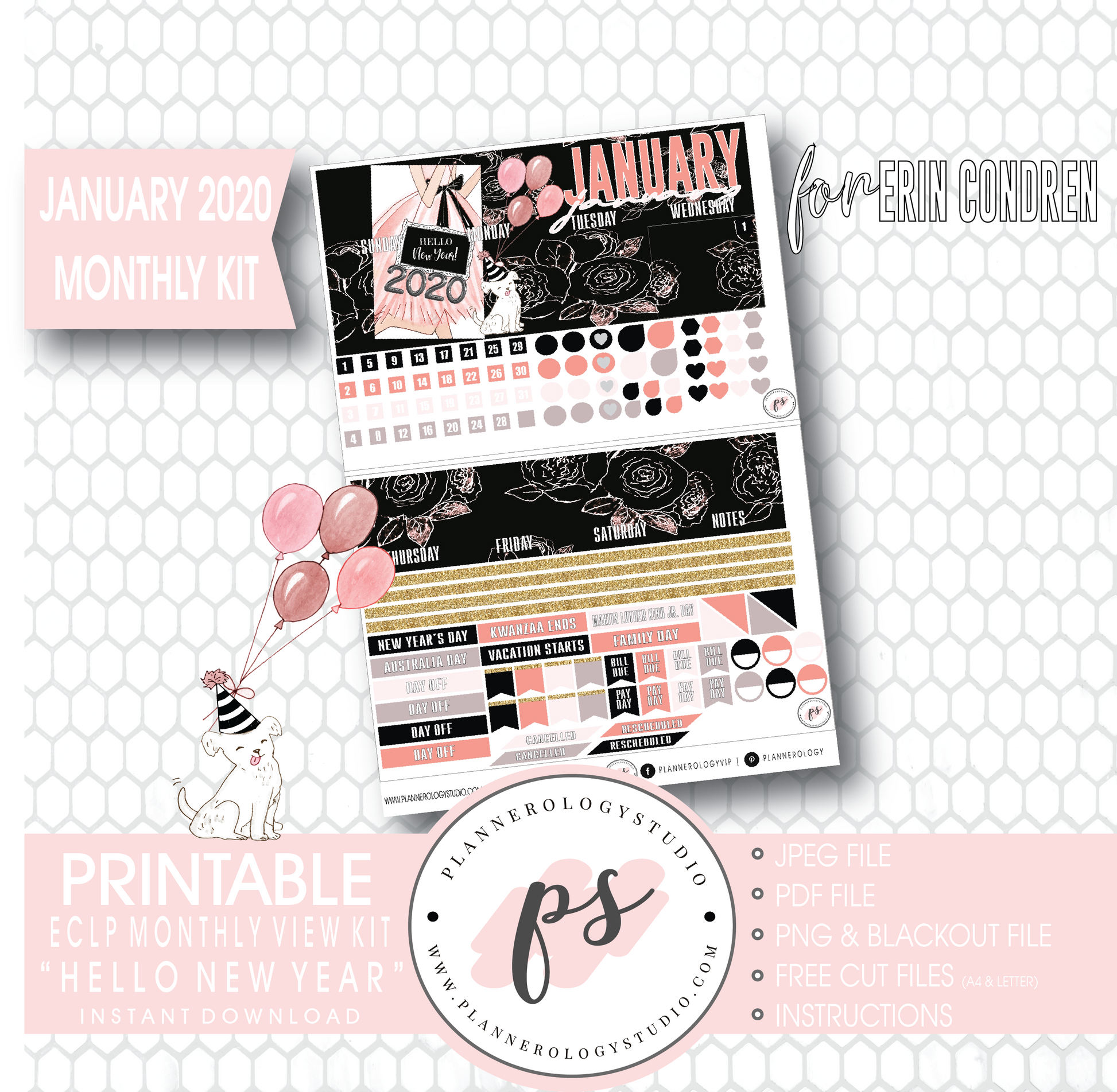 Hello New Year January 2020 Monthly View Kit Digital Printable Planner Stickers (for use with Erin Condren) - Plannerologystudio