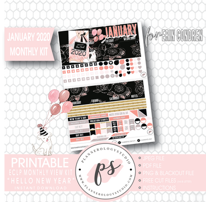 Hello New Year January 2020 Monthly View Kit Digital Printable Planner Stickers (for use with Erin Condren) - Plannerologystudio