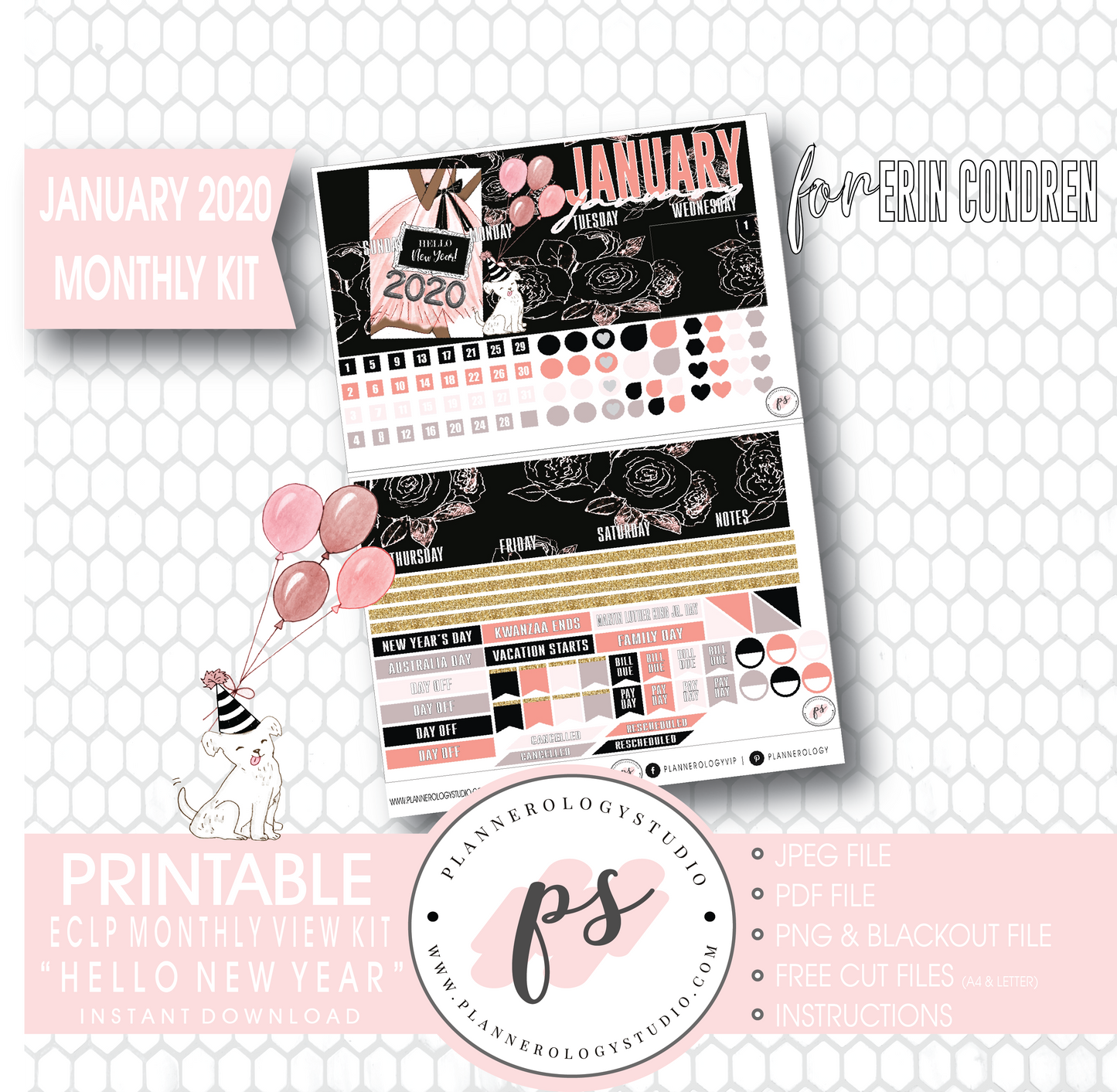 Hello New Year January 2020 Monthly View Kit Digital Printable Planner Stickers (for use with Erin Condren) - Plannerologystudio