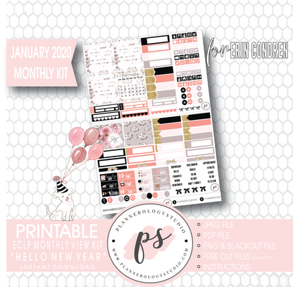 Hello New Year January 2020 Monthly View Kit Digital Printable Planner Stickers (for use with Erin Condren) - Plannerologystudio
