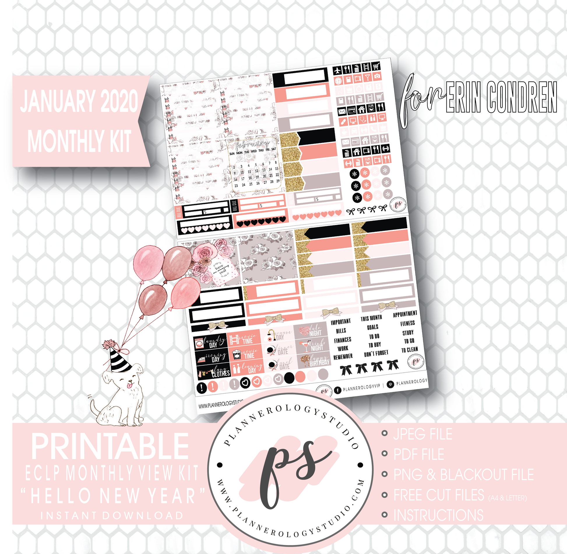 Hello New Year January 2020 Monthly View Kit Digital Printable Planner Stickers (for use with Erin Condren) - Plannerologystudio