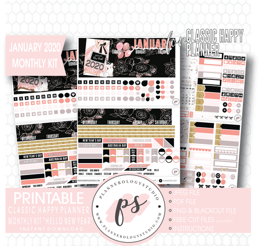 Hello New Year January 2020 Monthly View Kit Digital Printable Planner Stickers (for use with Classic Happy Planner) - Plannerologystudio