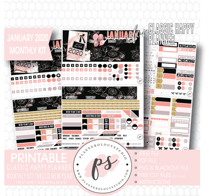 Hello New Year January 2020 Monthly View Kit Digital Printable Planner Stickers (for use with Classic Happy Planner) - Plannerologystudio