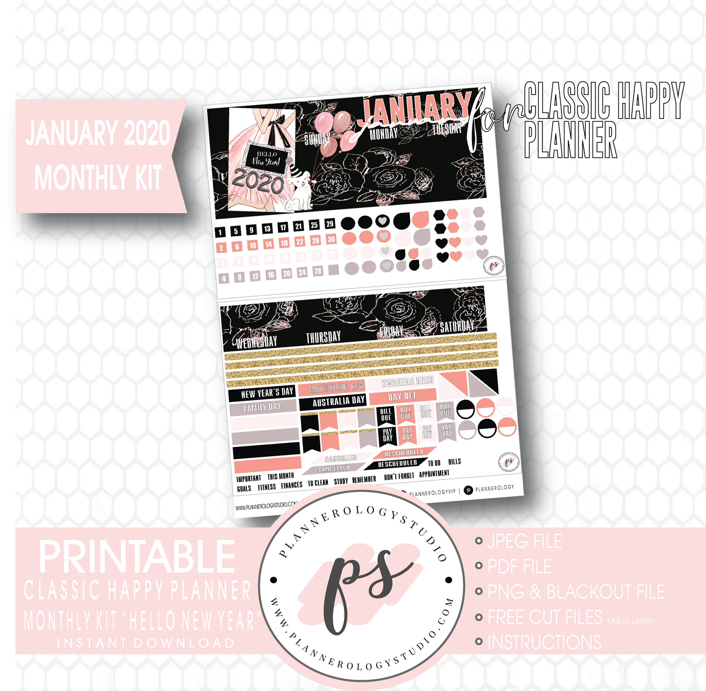 Hello New Year January 2020 Monthly View Kit Digital Printable Planner Stickers (for use with Classic Happy Planner) - Plannerologystudio