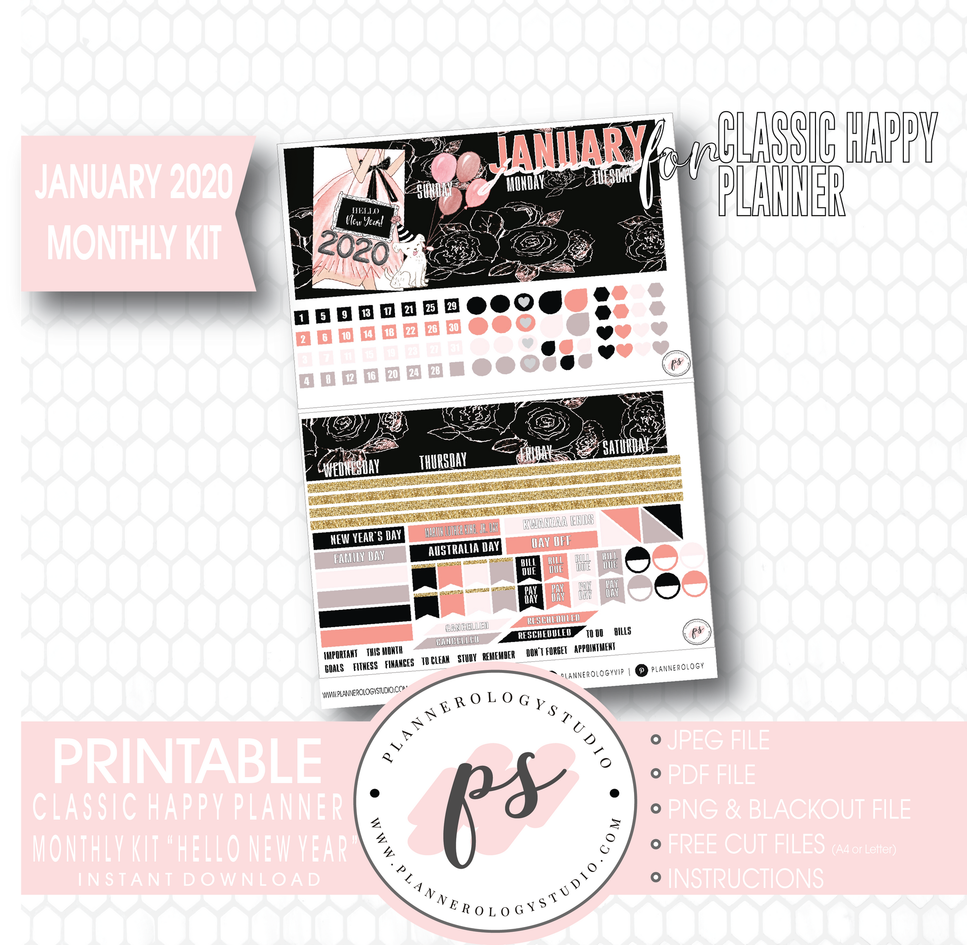 Hello New Year January 2020 Monthly View Kit Digital Printable Planner Stickers (for use with Classic Happy Planner) - Plannerologystudio