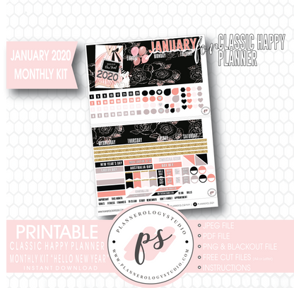 Hello New Year January 2020 Monthly View Kit Digital Printable Planner Stickers (for use with Classic Happy Planner) - Plannerologystudio