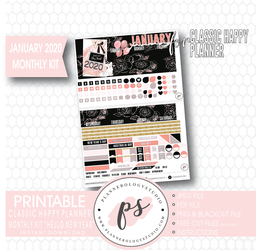 Hello New Year January 2020 Monthly View Kit Digital Printable Planner Stickers (for use with Classic Happy Planner) - Plannerologystudio