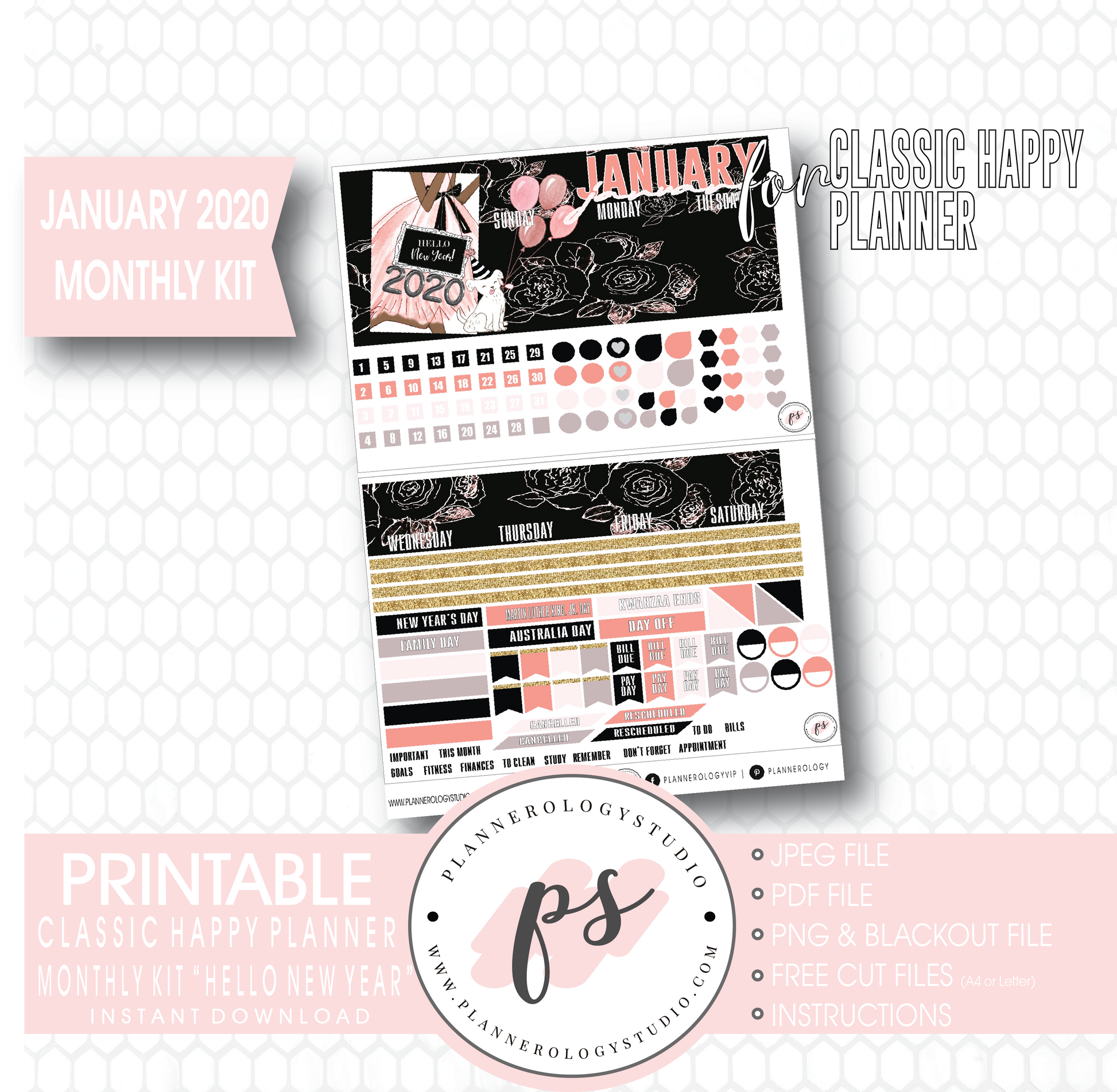Hello New Year January 2020 Monthly View Kit Digital Printable Planner Stickers (for use with Classic Happy Planner) - Plannerologystudio