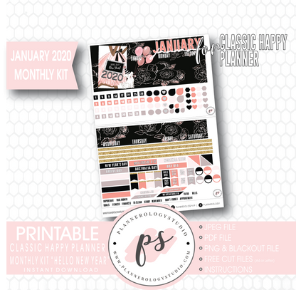 Hello New Year January 2020 Monthly View Kit Digital Printable Planner Stickers (for use with Classic Happy Planner) - Plannerologystudio