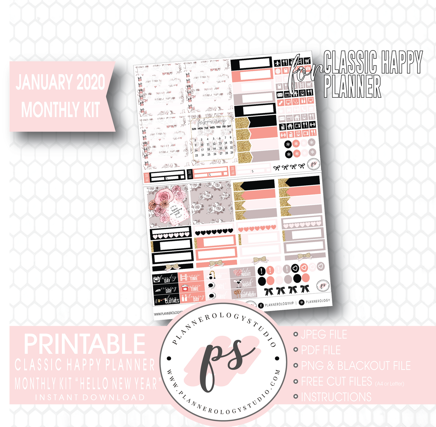 Hello New Year January 2020 Monthly View Kit Digital Printable Planner Stickers (for use with Classic Happy Planner) - Plannerologystudio