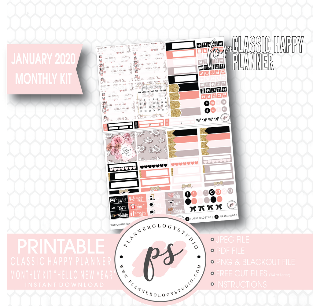 Hello New Year January 2020 Monthly View Kit Digital Printable Planner Stickers (for use with Classic Happy Planner) - Plannerologystudio