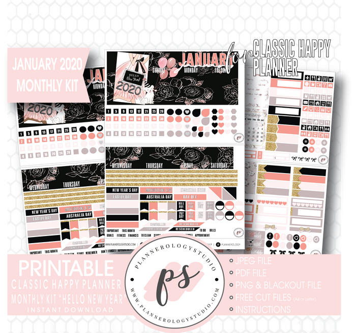 Hello New Year January 2020 Monthly View Kit Digital Printable Planner Stickers (for use with Classic Happy Planner) - Plannerologystudio