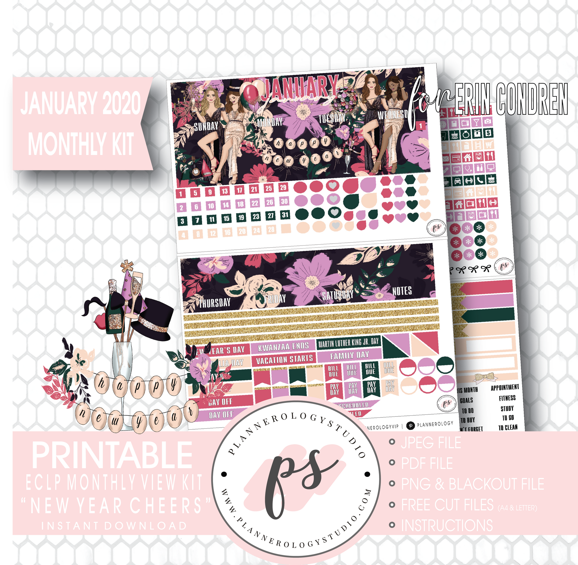 New Year Cheers January 2020 Monthly View Kit Digital Printable Planner Stickers (for use with Erin Condren) - Plannerologystudio