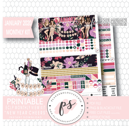 New Year Cheers January 2020 Monthly View Kit Digital Printable Planner Stickers (for use with Erin Condren) - Plannerologystudio