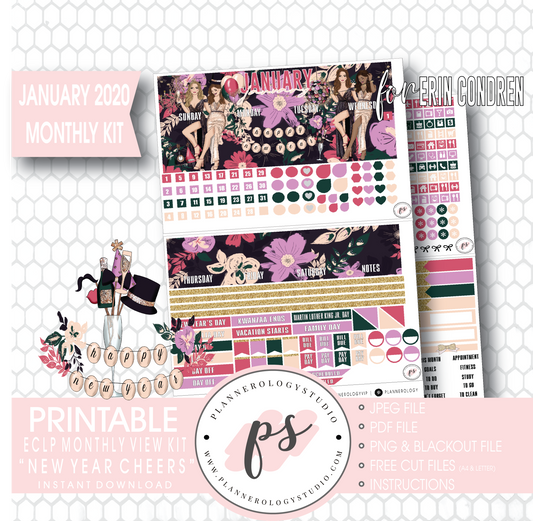 New Year Cheers January 2020 Monthly View Kit Digital Printable Planner Stickers (for use with Erin Condren) - Plannerologystudio